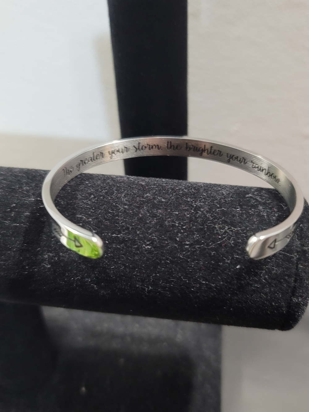 "THE GREATER YOUR STORM" Inspirational Silver Tone Open Cuff Bracelet